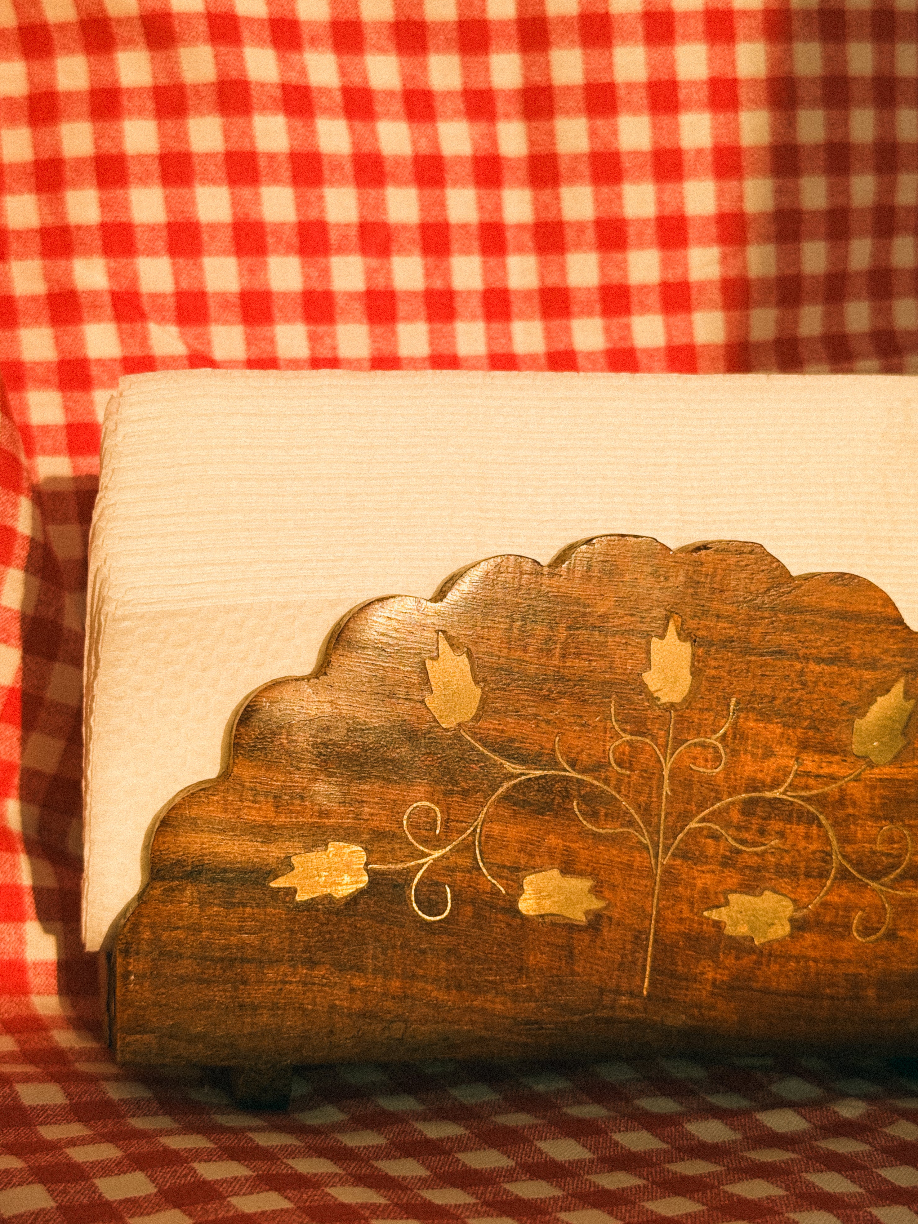 Carved Wooden Napkin Holder with Brass Inlays 