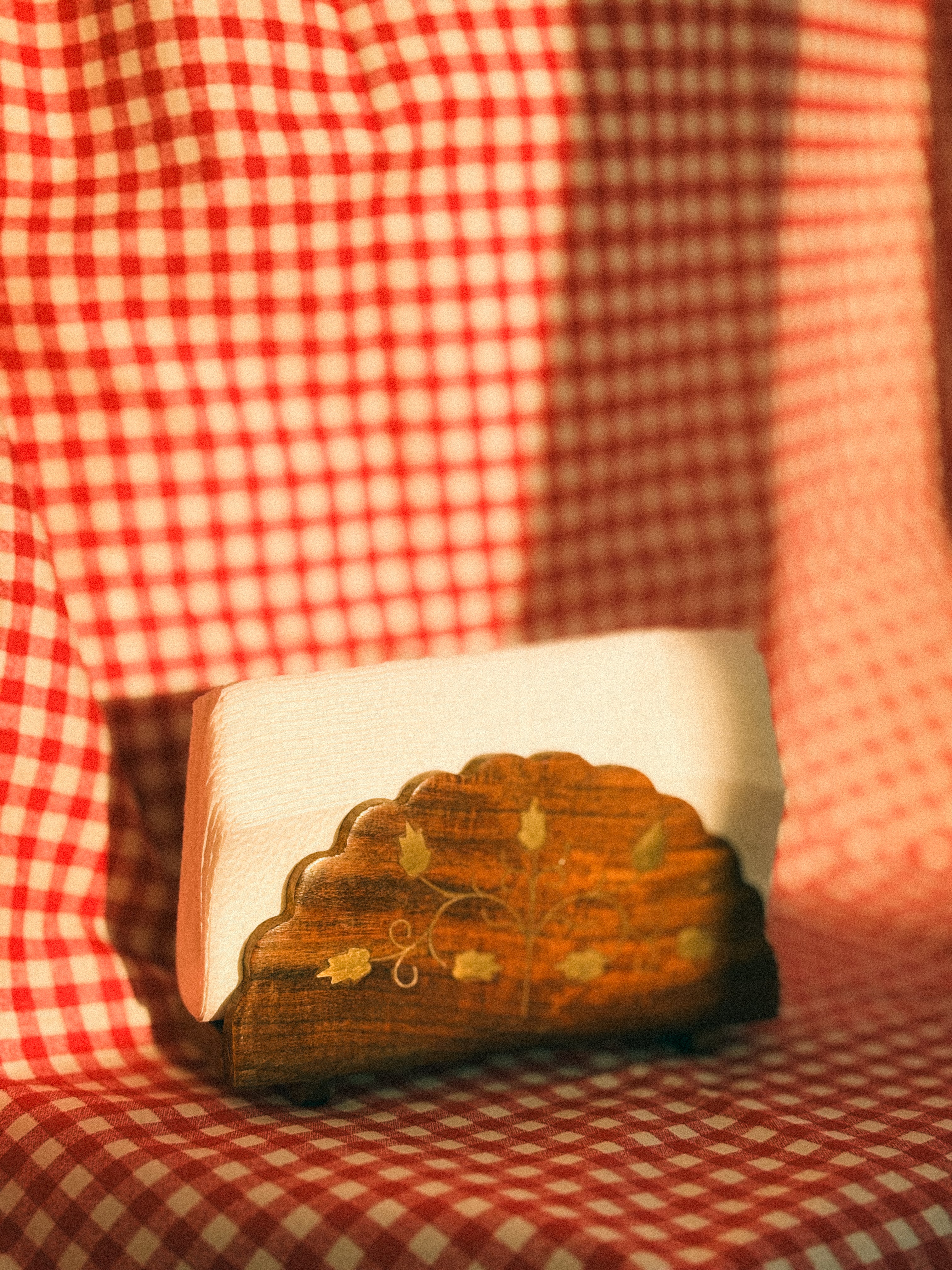 Carved Wooden Napkin Holder with Brass Inlays 